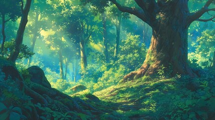 Lush anime forest with ancient trees vibrant green foliage and hidden paths matte colors and soft dappled sunlight