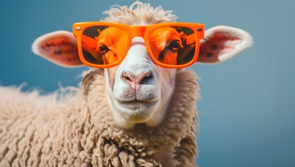 Funny white sheep wearing yellow sunglasses on blue background