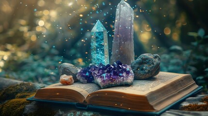 Wall Mural - witch spell book and minerals on natural forest background Gemstones for healing Magic Crystal Ritual Witchcraft spiritual esoteric practice Reiki therapy for harmony soul and mind lif : Generative AI