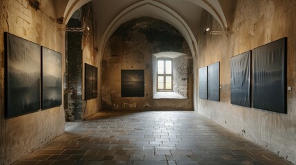 Picture an art exhibition that takes place in a historic castle.