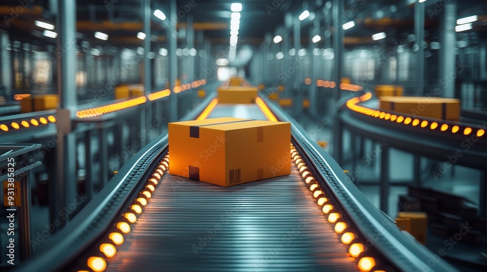 A close-up of an automated conveyor belt system sorting parcels in a ...