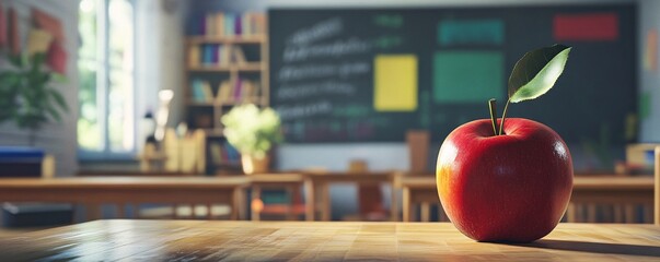 Red apple sitting on desk in empty classroom