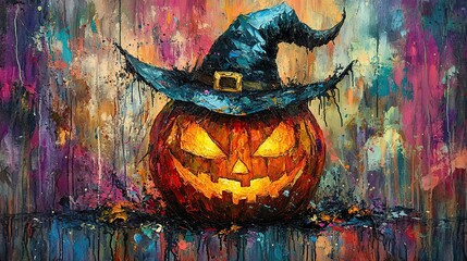 Naklejka na meble Abstract painting of a jack-o-lantern wearing a witch's hat.