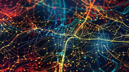 Poster - Colorful roads and routes dynamically crisscross a stylized map, illustrating connectivity and direction for transportation planning. Generative AI