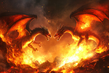 two ferocious dragons engaged in a fiery battle, huge fire dragon in fantasy battle