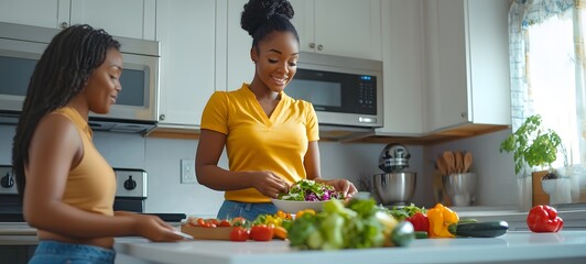 Bustling kitchen scene featuring two women engrossed in food prep