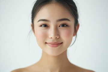 asian woman positive smile on white background, beauty positive smile