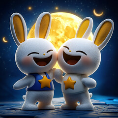 Two joyful cartoon bunnies share a laugh under a bright, full moon, dressed in star-themed outfits, creating a playful and heartwarming scene.