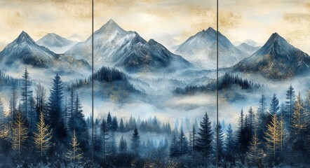 Three abstract watercolor mountain landscape wall art panels feature mountain views in blue and gold