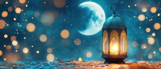 Illuminated Ramadan Lantern with Crescent Moon and Bokeh Lights