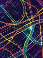 Poster - Vibrant, crisscrossing lines symbolize connectivity over a stylized map, ideal for showcasing GPS navigation and transportation solutions. Generative AI