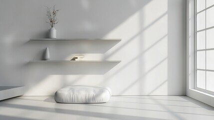 Aufkleber - modern minimalistic cozy white home interior background white wall with shelves and design wall and floor sunlight beams from window and shadows white background with spotlights : Generative AI