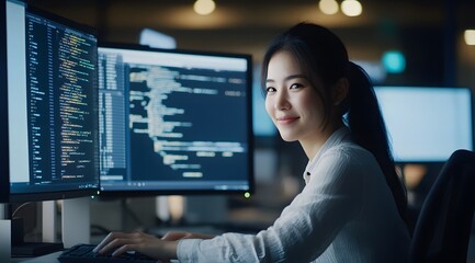Computer programmer, software engineer typing, coding javascript on laptop computer, software development concept