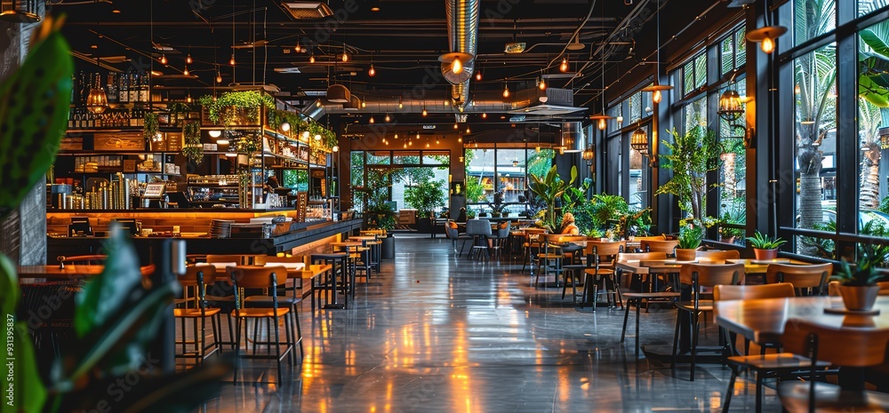 Modern restaurant interior with wooden tables and chairs, a bar, and ...