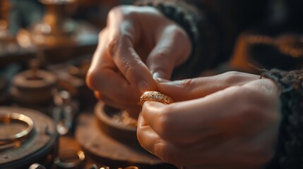 Canvas Print - Professional jeweler working with ring closeup view : Generative AI