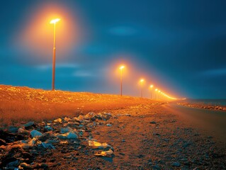 A lonely pathway illuminated by streetlights under a twilight sky