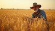 © Andrew505 - Senior Wheat Farmer in Golden Field: Authentic Portrait of Rancher at Sunset Harvest