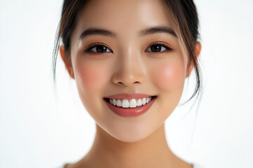 Asian woman positive smile on white background, beauty positive smile