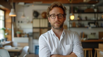 Poster - Portrait glasses and business man with arms crossed in startup office for pride in career or job Creative face and confident professional entrepreneur copywriter and employee coworking : Generative AI