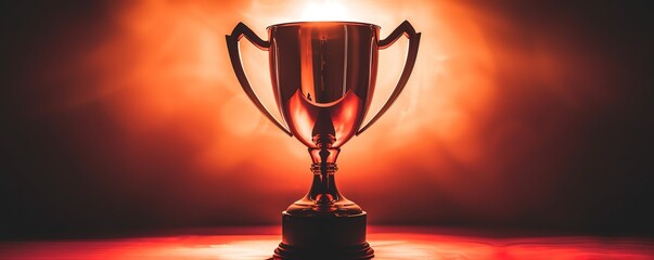 A shiny golden trophy on a red podium, illuminated by a bright spotlight, symbolizes victory and success.