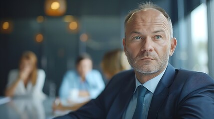 Fototapete - Portrait employee and mature man in boardroom confidence and CEO in corporate and auditor Office bookkeeper and person on table business meeting and collaboration for planning and proj : Generative AI