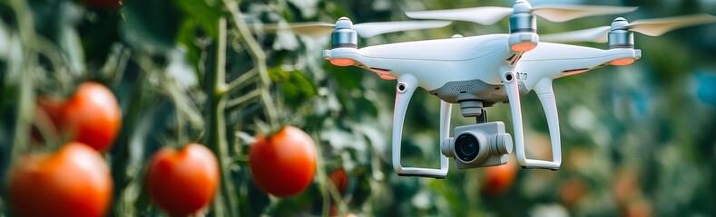 An image of a mini drone flying over a greenhouse containing tomato crops.