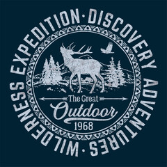 Wall Mural - Wilderness expedition discovery adventure great outdoor vintage vector  artwork for boy t shirt grunge effect in separate layers