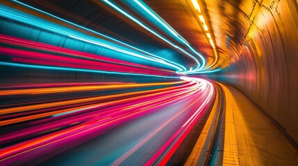 Wall Mural - Long exposure abstract light trails in a tunnel illustrating high-speed movement with dynamic and vibrant colors creating a stunning visual impact