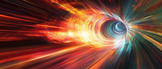 Wall Mural - Tunnel filled with abstract long exposure light trails representing dynamic speed and energetic motion in vivid hues creating a striking visual effect