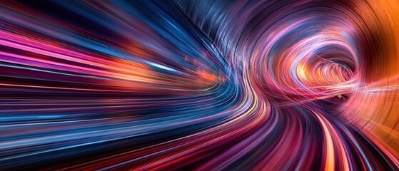 High-speed dynamic light trails in an abstract tunnel captured with long exposure revealing vivid colors and fluid motion for a dramatic image