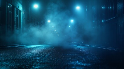 Poster - Dark street of the night city Dark blue background an empty dark scene neon spotlights reflecting on the asphalt floor and a studio room with smoke floating up a night view the city : Generative AI