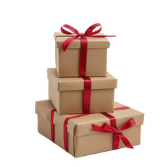 Gift boxes with the red ribbons in eco paper on white background.