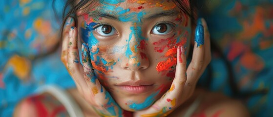 Wall Mural - Young girl with face and hands covered in colorful paint, expressing creativity and playfulness. Free copy space for text.