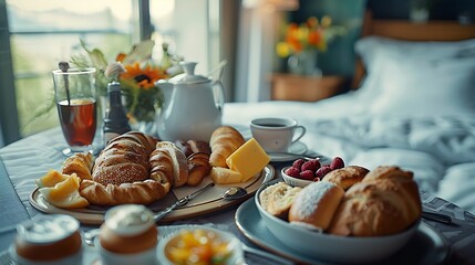 Luxury hotel and five star room service various food platters bread and coffee as inroom breakfast for travel and hospitality brand : Generative AI