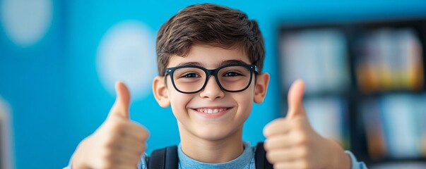 Happy student wearing glasses giving thumbs up in school