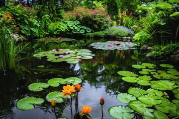 A serene scene of a garden pond surrounded by blooming water lilies and lush greenery.