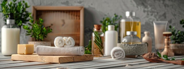 Luxury spa products with rolled towels on a wooden table