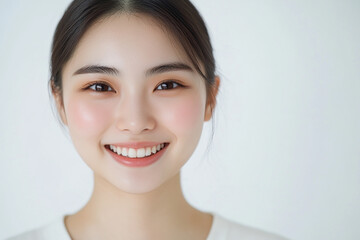 Asian woman positive smile on white background, beauty positive smile