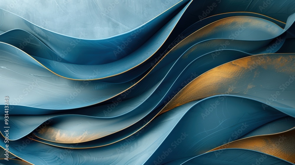 Produce an abstract design featuring flowing blue and gold ribbons ...