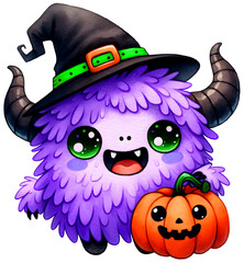 Cute Halloween monster with pumpkin on transparent background. Cartoon character in kawaii style. For printing on white and black surfaces. Suitable for postcard, T-shirt print, sticker.