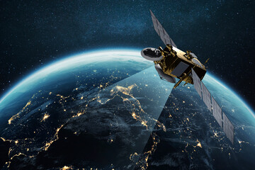 Wall Mural - Communication and Telecommunications from Space. Broadcasting, Concept. Communication satellite flies near the night planet earth with night lights of megacities in space with stars. Europe