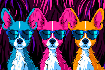 Sticker - Three dogs wearing sunglasses and sitting in front of a dark background. The dogs are wearing different colored sunglasses, with one blue, one pink, and one orange. The image has a fun