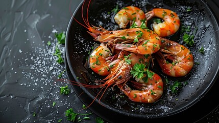 Wall Mural - food fish elegant gourmet black plate top view lunch dinnerdish meal fine dining closeup green sea seafood shrimp beautiful modern : Generative AI