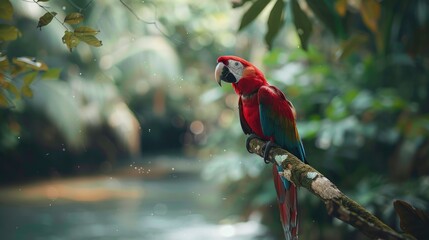 Wall Mural - A Vibrant Scarlet Macaw Perched on a Branch in a Lush Tropical Forest