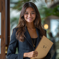 Wall Mural - Indian Asian female, long hair, business suit, high heels, holding a folder, professional smile, office background,