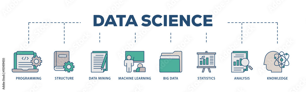 Data science icons process structure web banner illustration of data ...