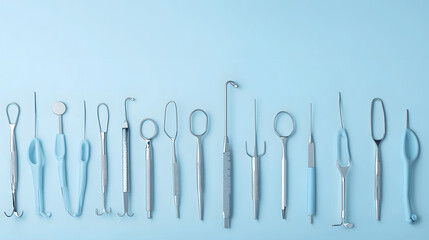 Wall Mural - Medical banner with neatly aligned surgical instruments, sterile surface, copy space for text