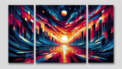 Wall Mural - HD triptych art of abstract twilight scenes, bold colors, geometric shapes, modern art, acrylic on canvas, white background