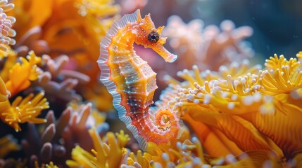 A Yellow Seahorse Among Coral and Bright Colors