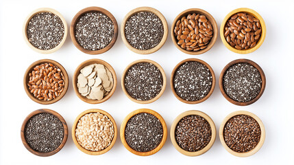 A row of wooden bowls filled with various types of nuts and seeds